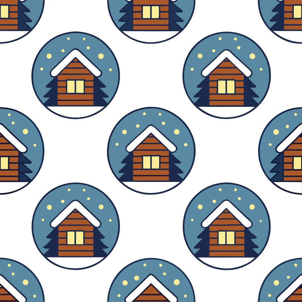 Cozy winter cabin seamless tile pattern with snow covered rooftops and warm lights vector