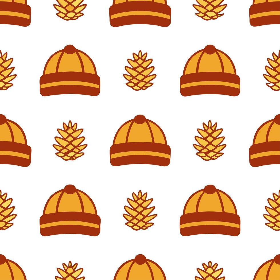 Cozy knitted blanket and pinecone seamless tile pattern with warm autumn tones vector