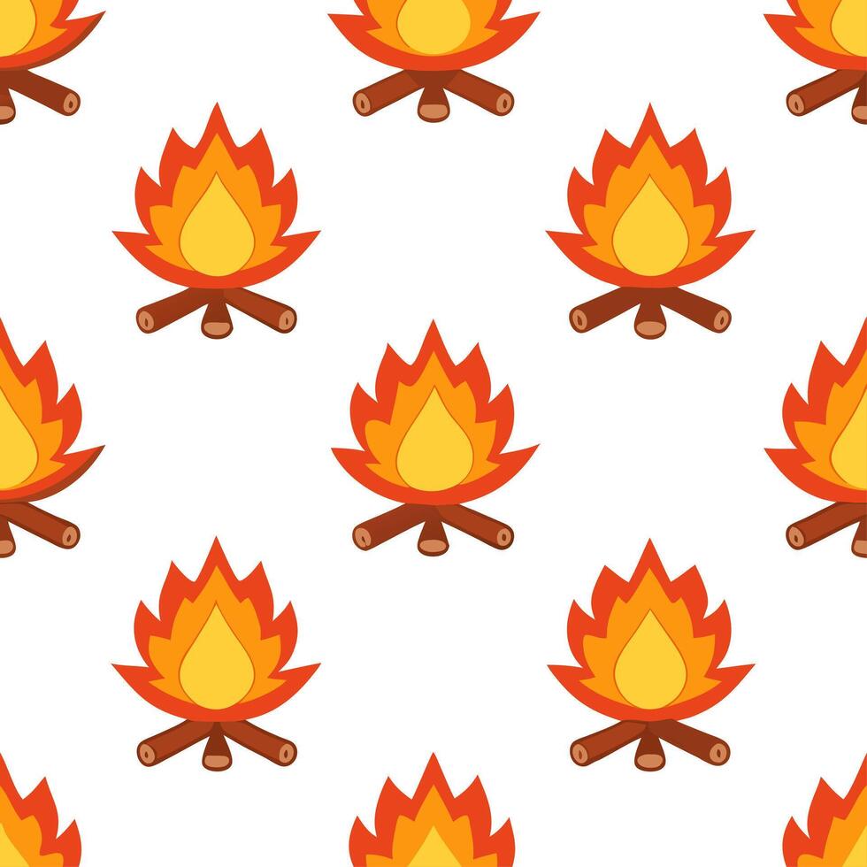 Cozy campfire seamless tile pattern with warm flames and autumn foliage vector
