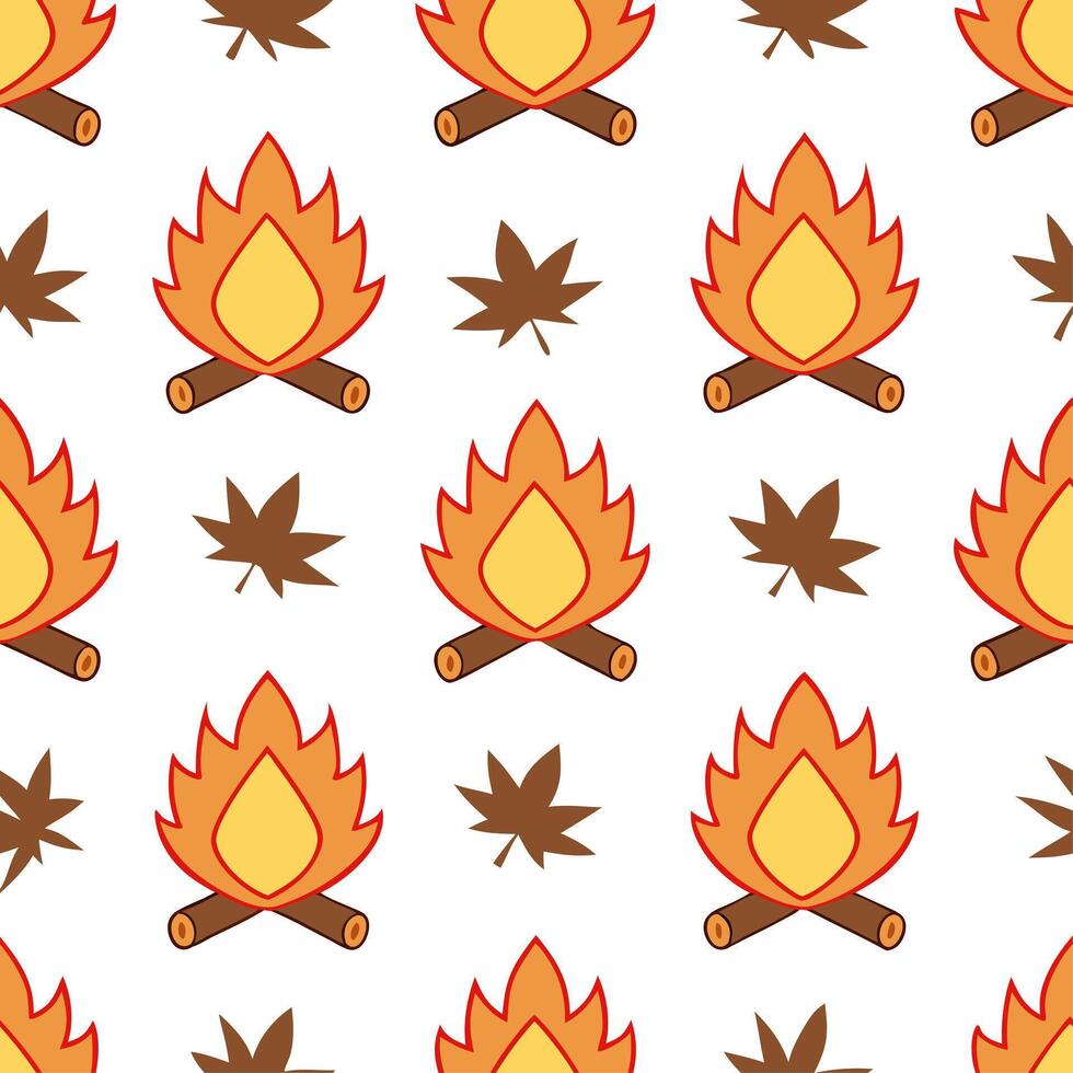 Cozy bonfire and fall leaves seamless tile pattern with warm autumn tones vector