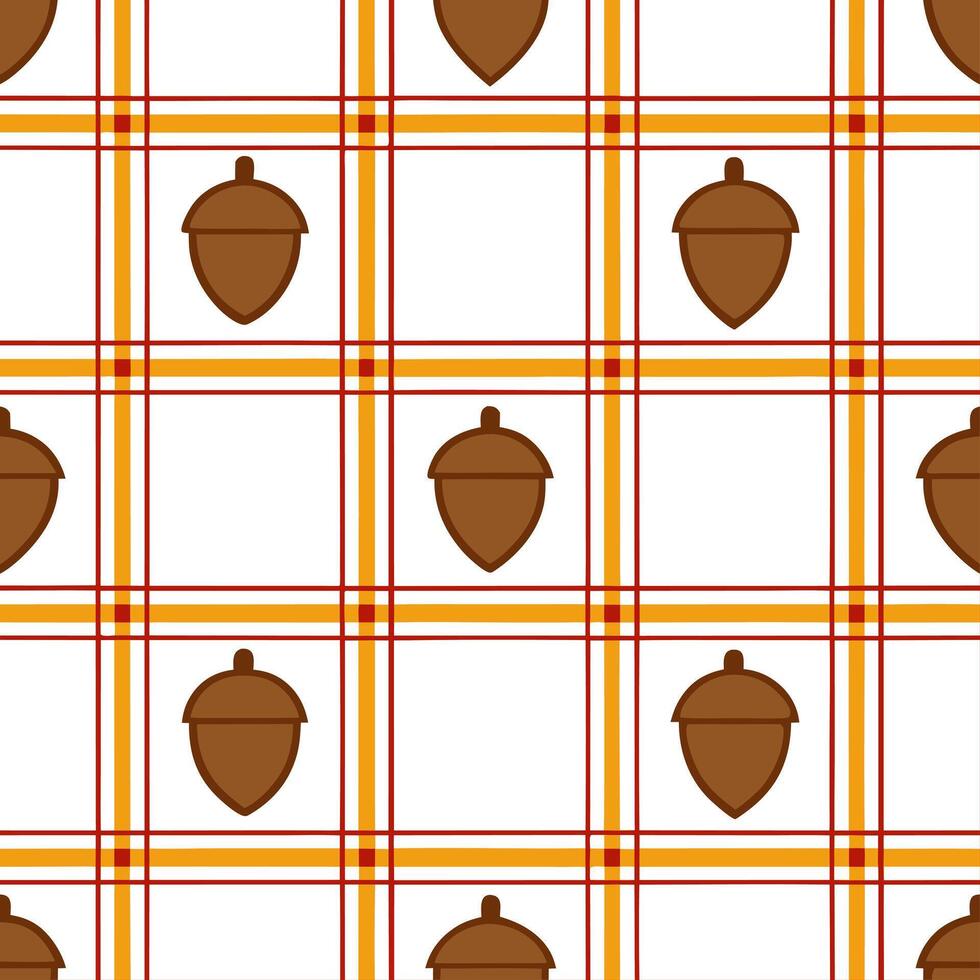 Cozy autumn plaid and acorns seamless tile pattern with warm colors and rustic textures vector