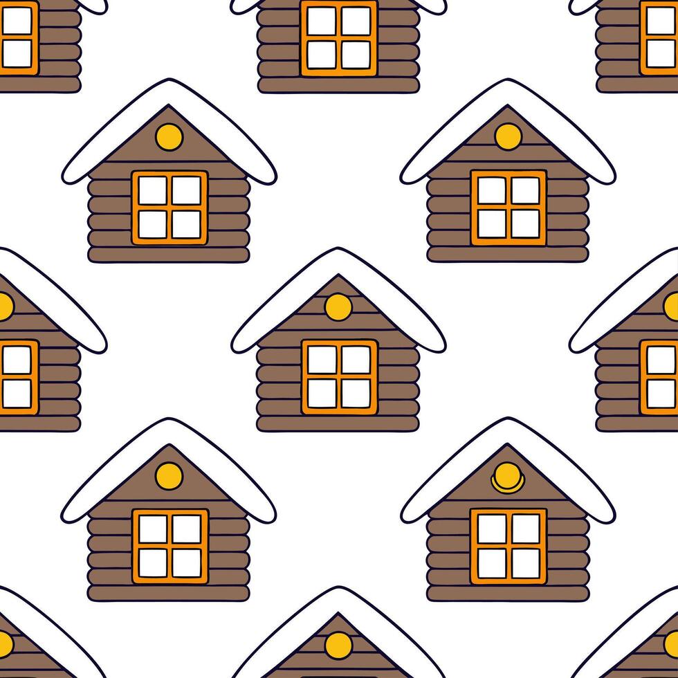 Cozy winter cabin seamless tile pattern with snow covered rooftops and warm lights Set 2 vector