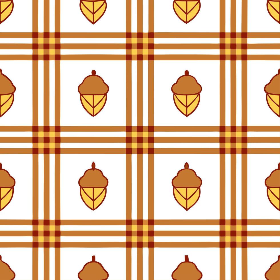 Cozy autumn plaid and acorn seamless tile pattern with warm colors and rustic textures vector