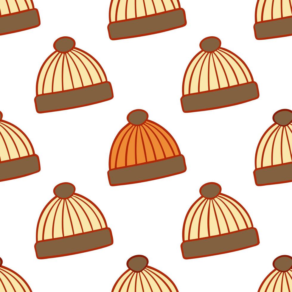 Cozy autumn knit hats seamless tile pattern with warm colors and textured details vector