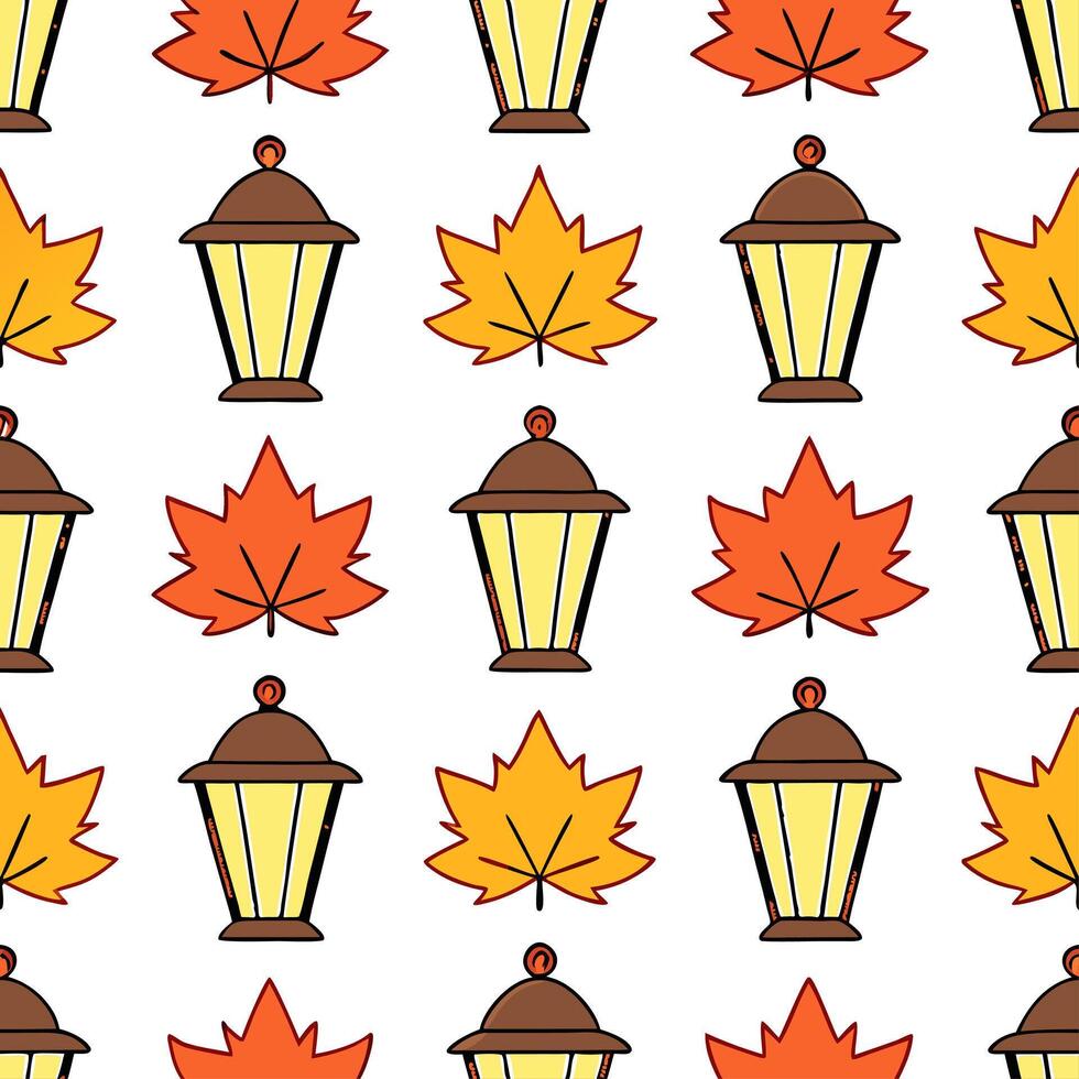 Cozy autumn lanterns seamless tile pattern with warm lights and fall foliage vector