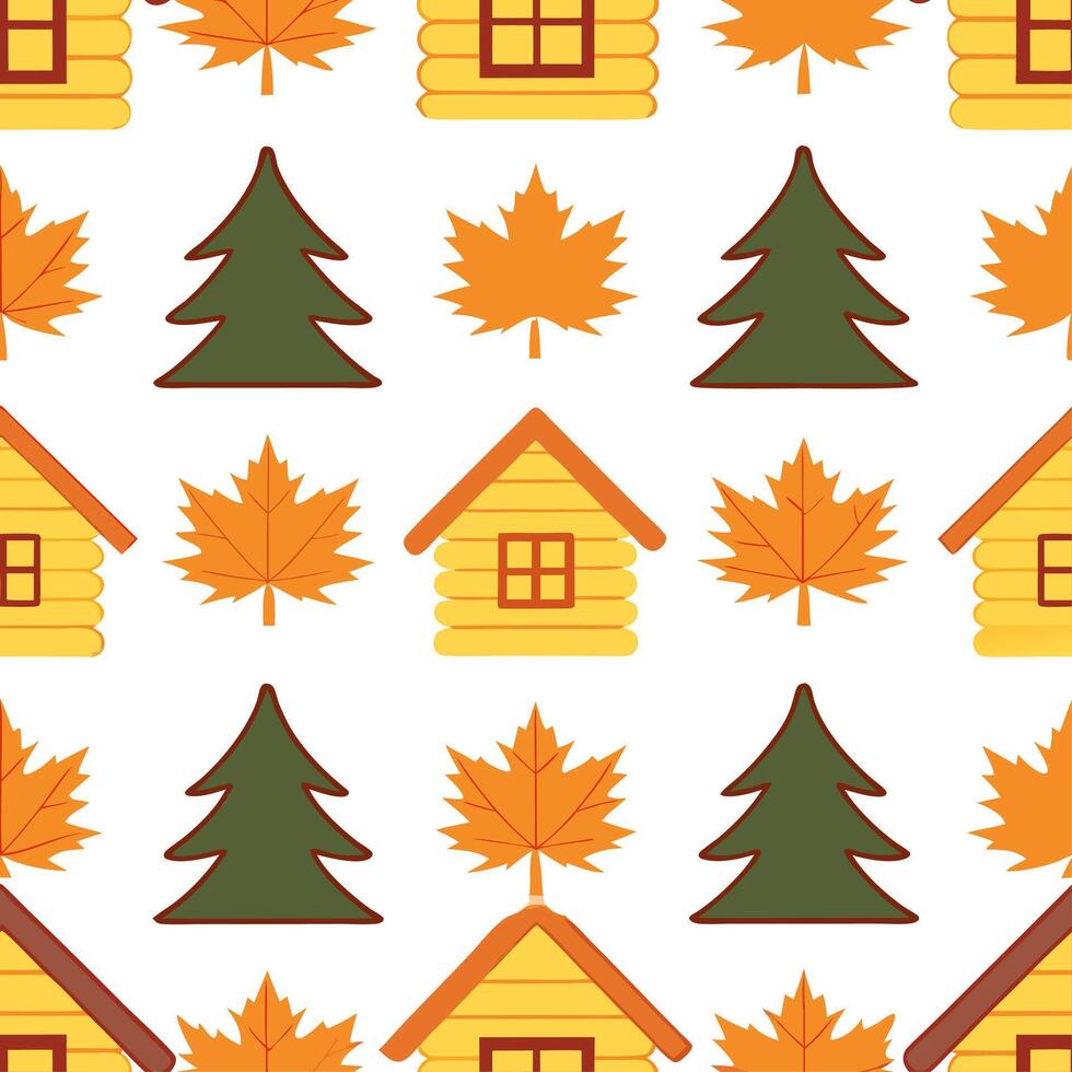 Cozy autumn cabin silhouette seamless tile pattern with pine trees and colorful leaves vector