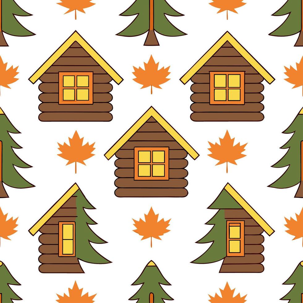 Cozy autumn cabin seamless tile pattern with pine trees leaves and warm lights vector
