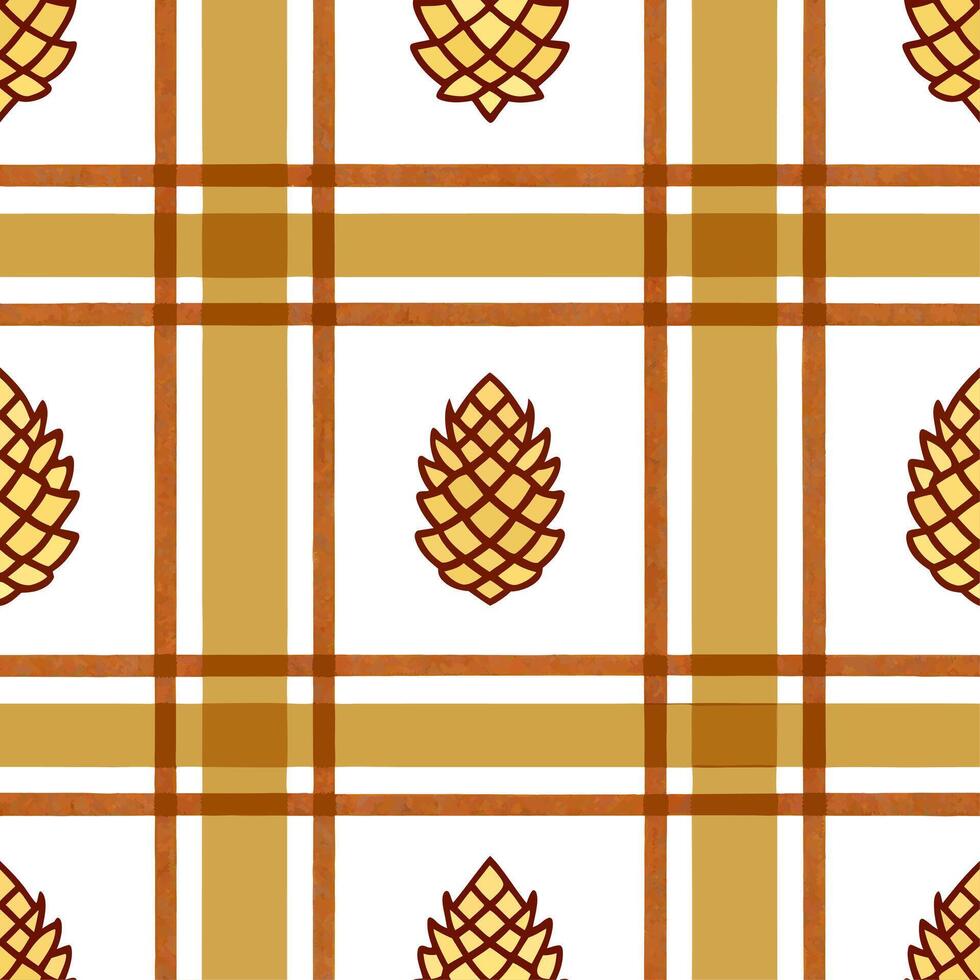 Cozy autumn plaid and pinecones seamless tile pattern with warm colors and rustic textures vector