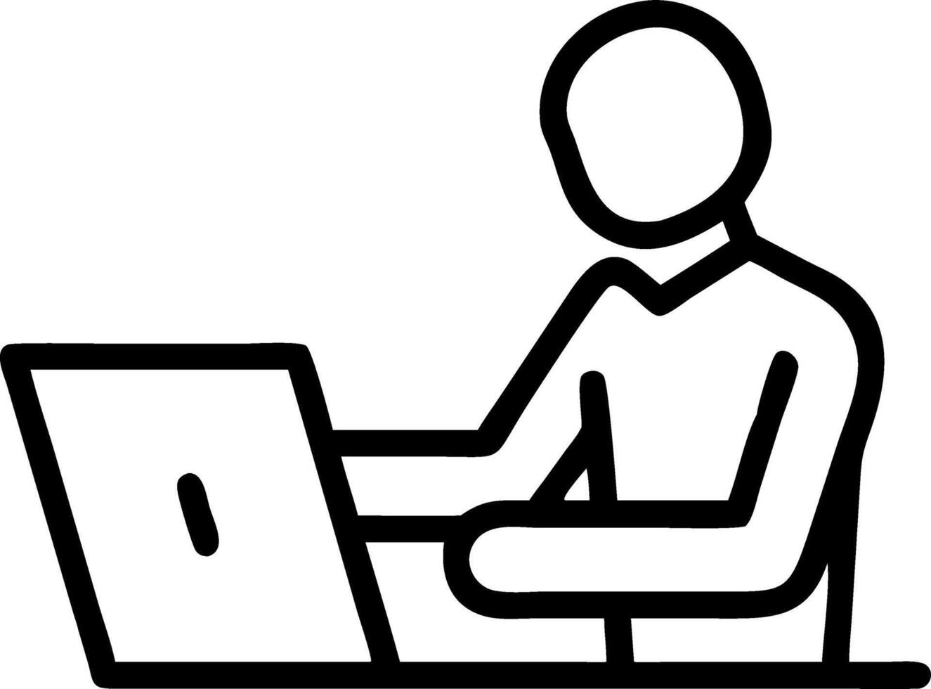 Confident midlife executive using laptop at desk conveying approachable leadership style driving stable corporate direction vector