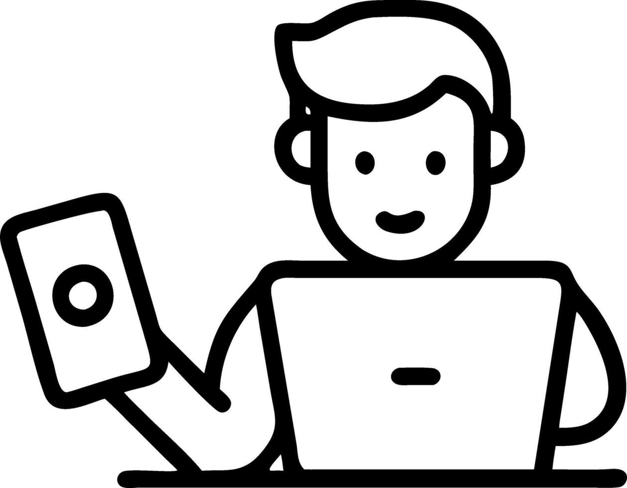 Busy young African business man uses smartphone and laptop in office professional Black businessman entrepreneur or manager uses financial banking apps on cell phone technology at vector