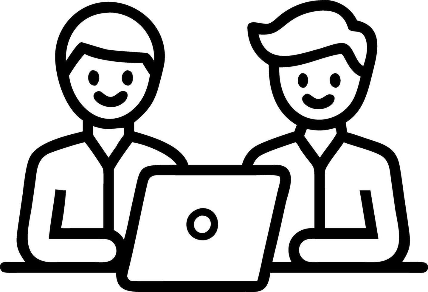 Business team of two busy happy professional business men employees working together standing in corporate office having conversation sharing ideas using laptop computer technology Set 11 vector