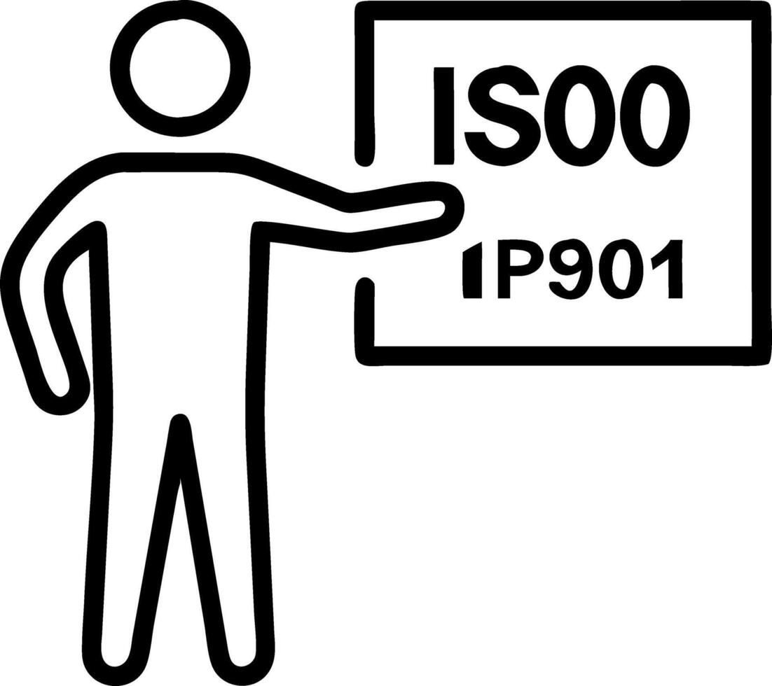 Business professional presenting ISO 9001 compliance certification with a holographic system vector
