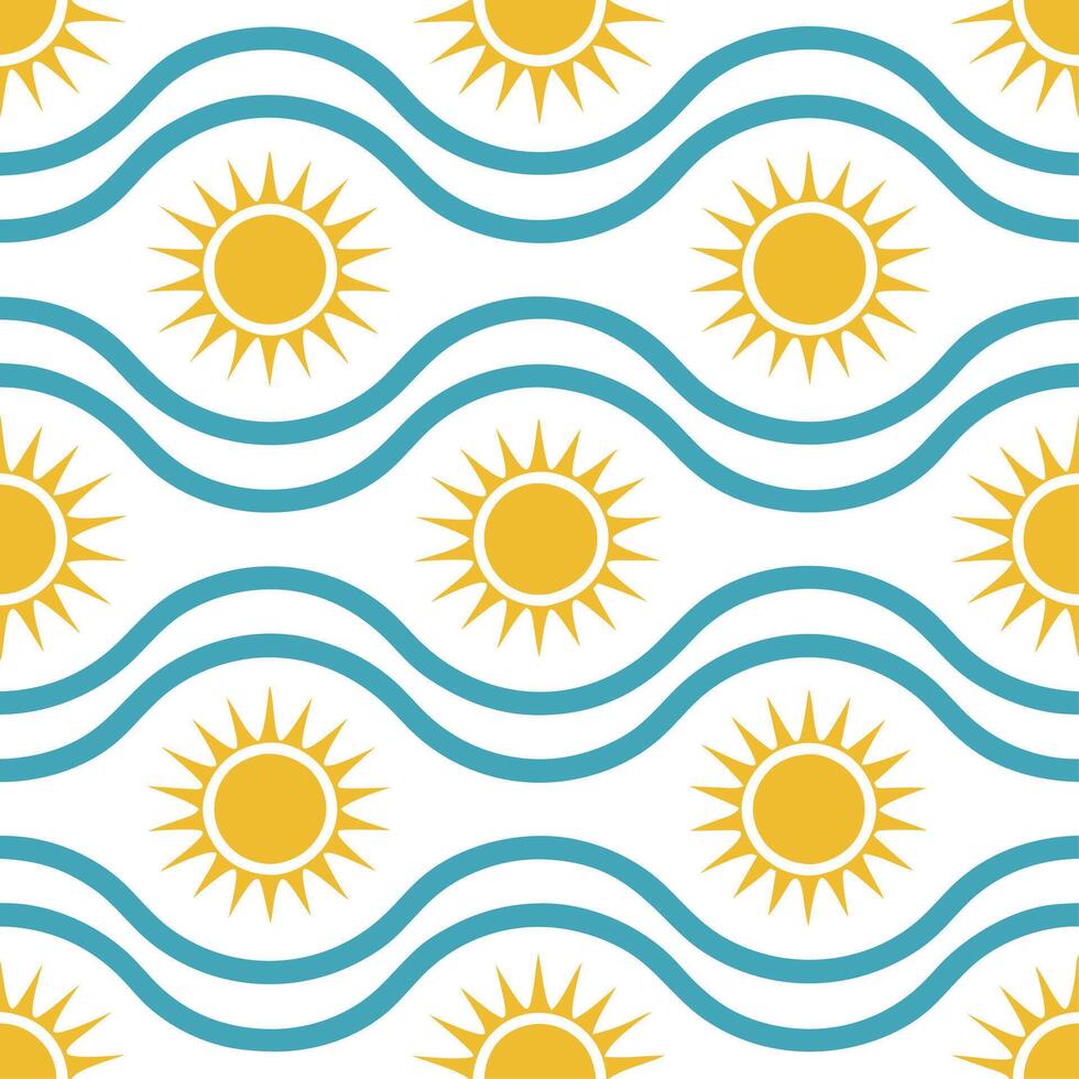 Bright summer waves seamless pattern with energetic sunbursts and colorful ocean waves for high energy designs vector