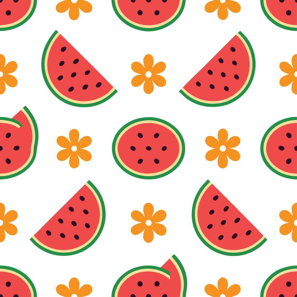 Bold summer seamless pattern with tropical fruit slices and bright floral accents for a fun tropical look vector
