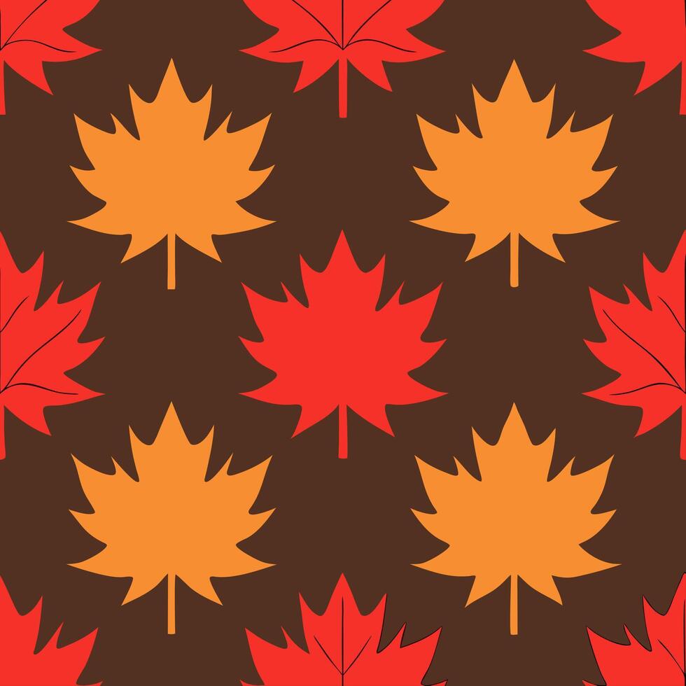Bold autumn seamless pattern with vibrant red and orange leaves against a deep brown background for dramatic effect vector