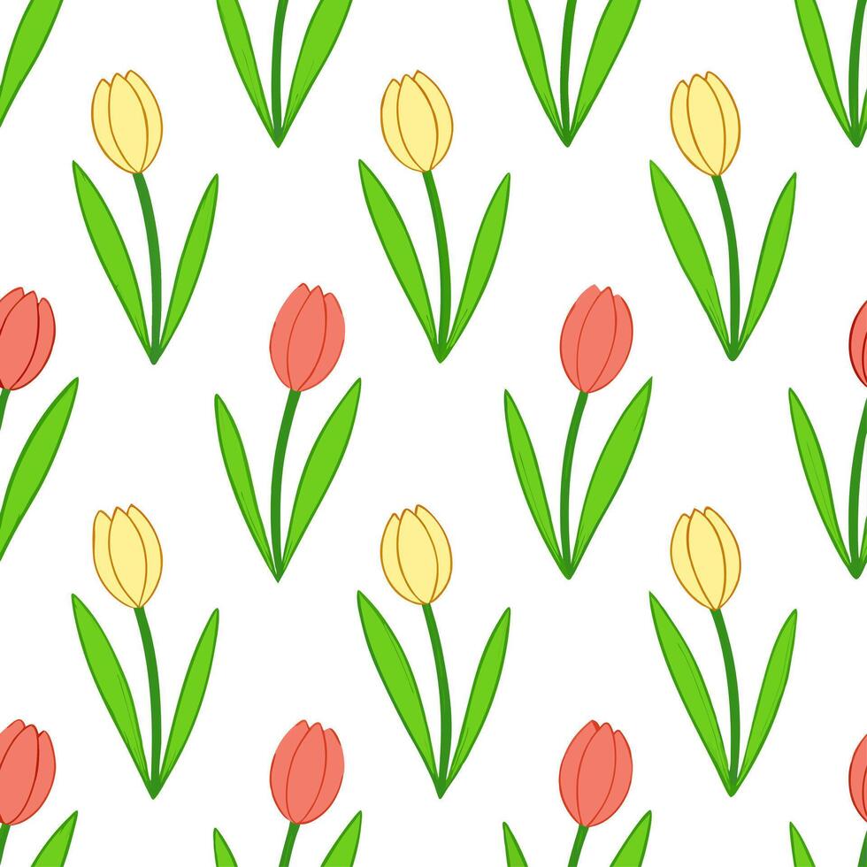 Blossoming tulips seamless tile pattern with fresh green stems and colorful petals symbolizing growth vector