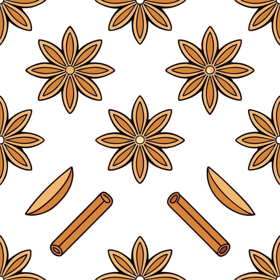 Autumn spices seamless tile pattern with cinnamon sticks nutmeg and cloves in warm tones vector