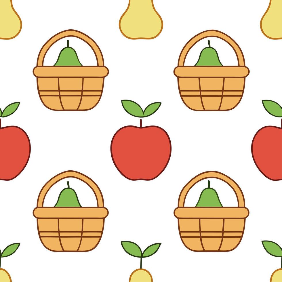 Autumn harvest seamless pattern with ripe apples pears and baskets for a natural farm inspired aesthetic vector