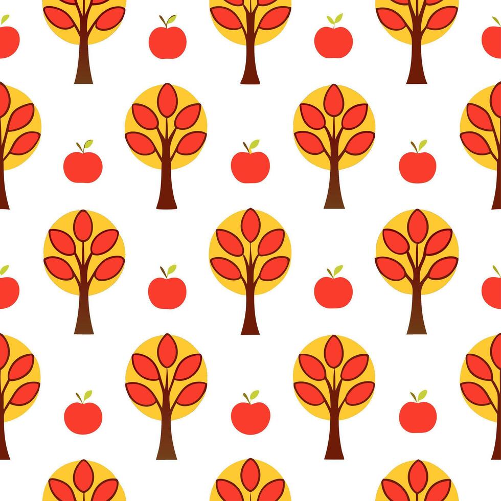 Autumn apple orchard seamless tile pattern with ripe apples trees and fall foliage vector
