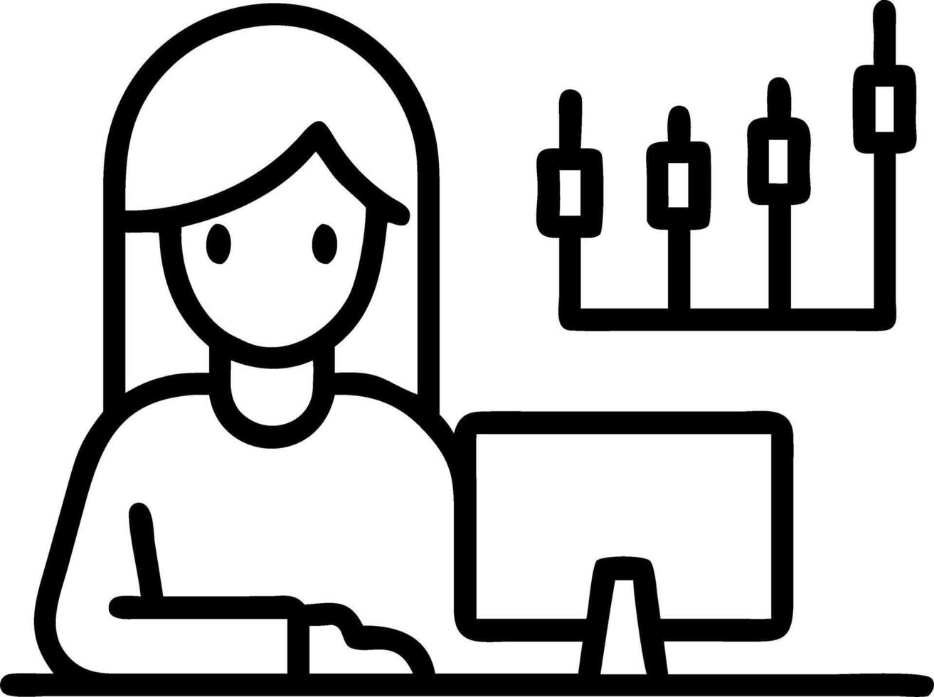 Young woman working at night in modern office loft with red and green candlestick chart and stock trading in background double exposure vector