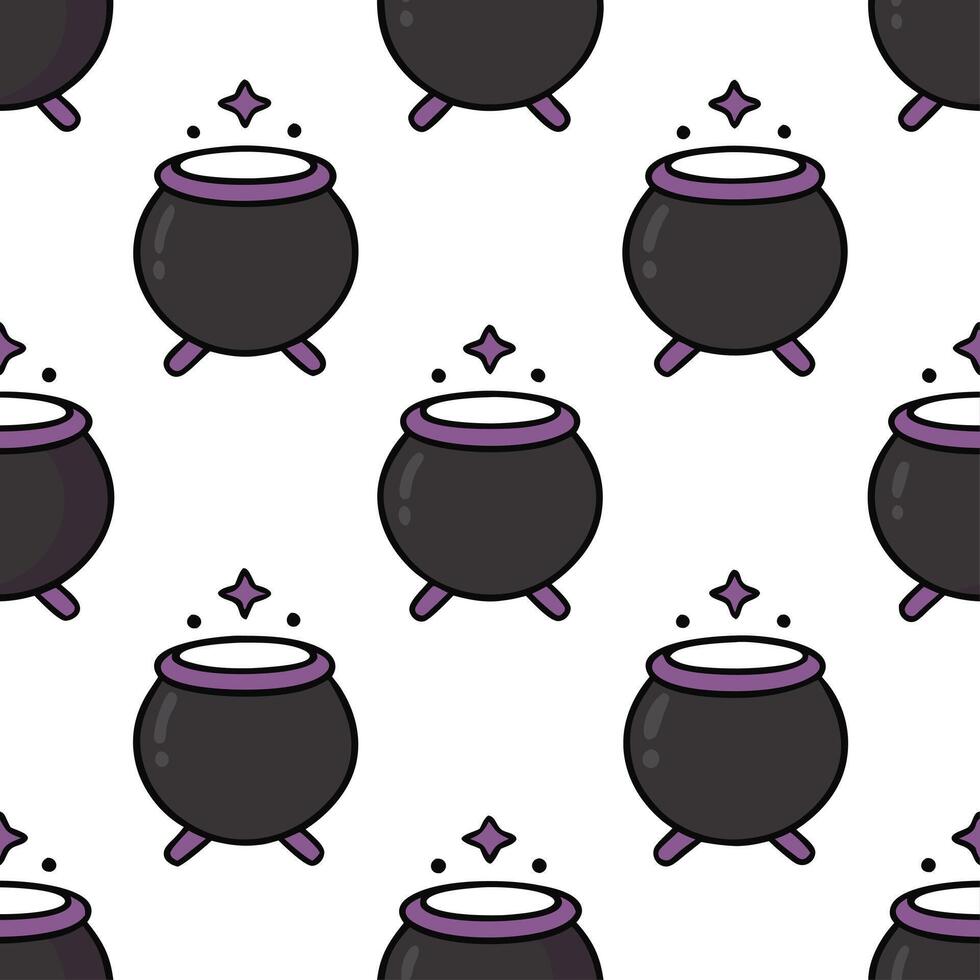 Witches and cauldrons seamless tile pattern with magical elements and dark colors for enchanting Halloween decor vector