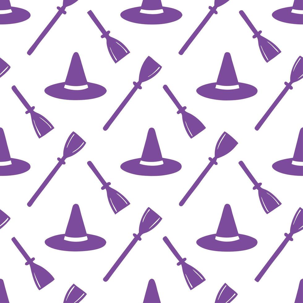 Witch hats and broomsticks seamless tile pattern with mystical elements and purple tones for magical home decor vector