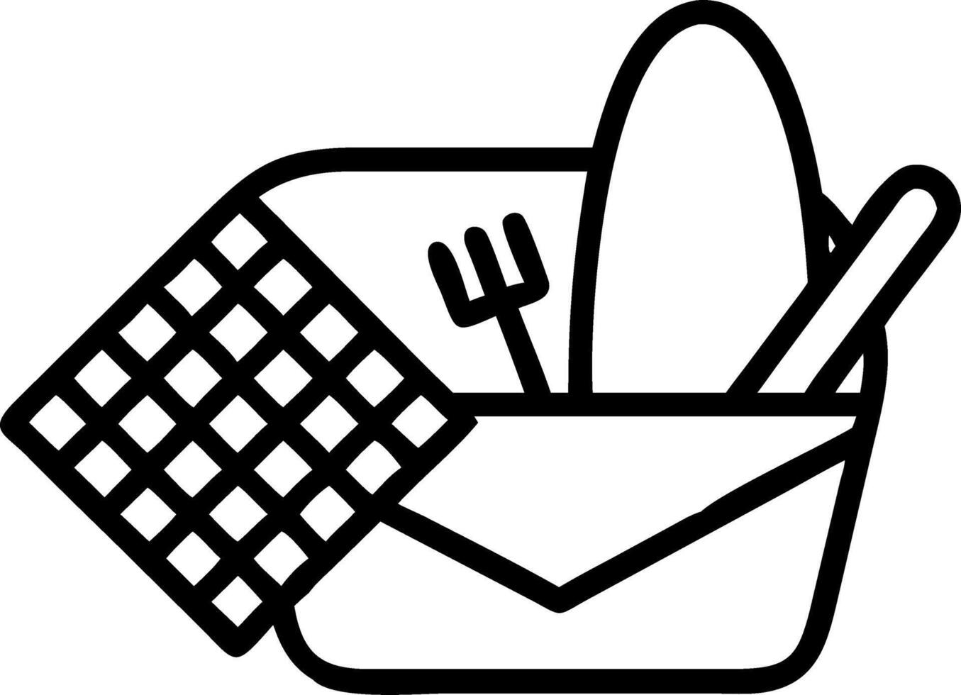 Watercolor painting of picnic basket made of wicker with red and white checkered cloth napkin letter and two spoons on top highlighting cozy outdoor dining setup vector