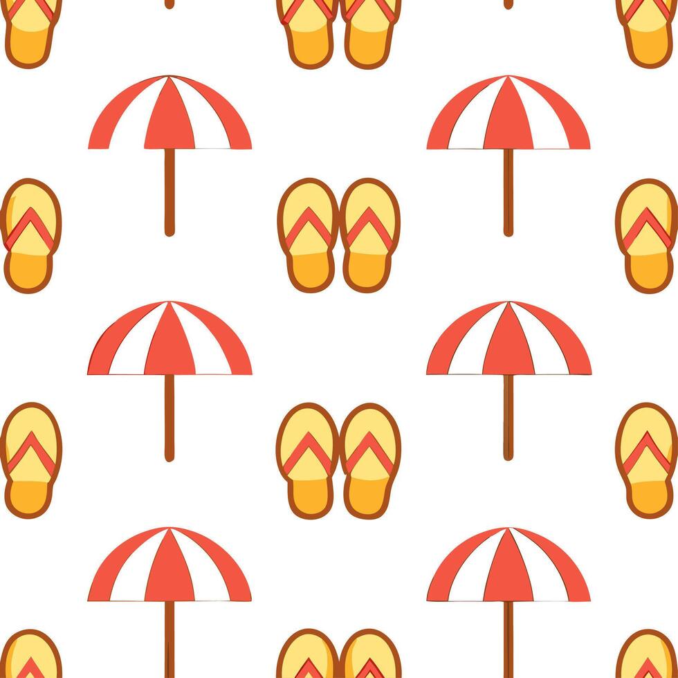 Warm summer seamless tile pattern with beach umbrellas and sandals for sunny vacation spots vector