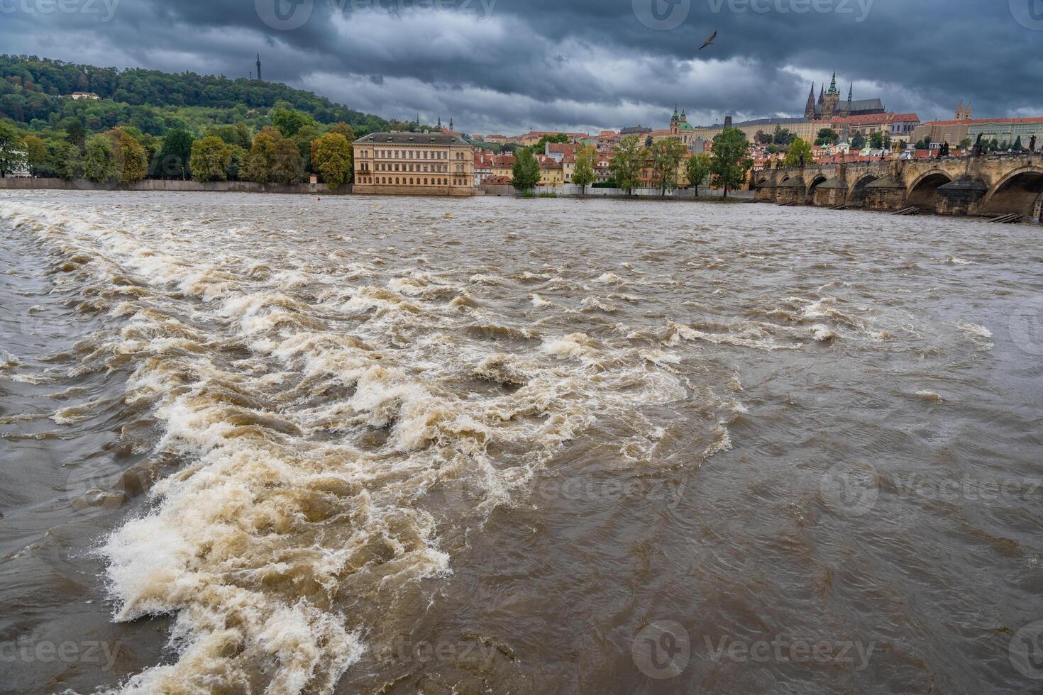 Flood in Prague. View of Prague Castle across the flooding river Vltava, Prague. High quality photo