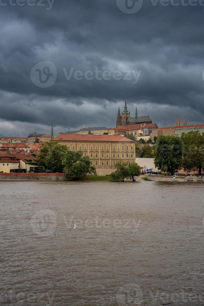 Flood in Prague. View of Prague Castle across the flooding river Vltava, Prague. High quality photo