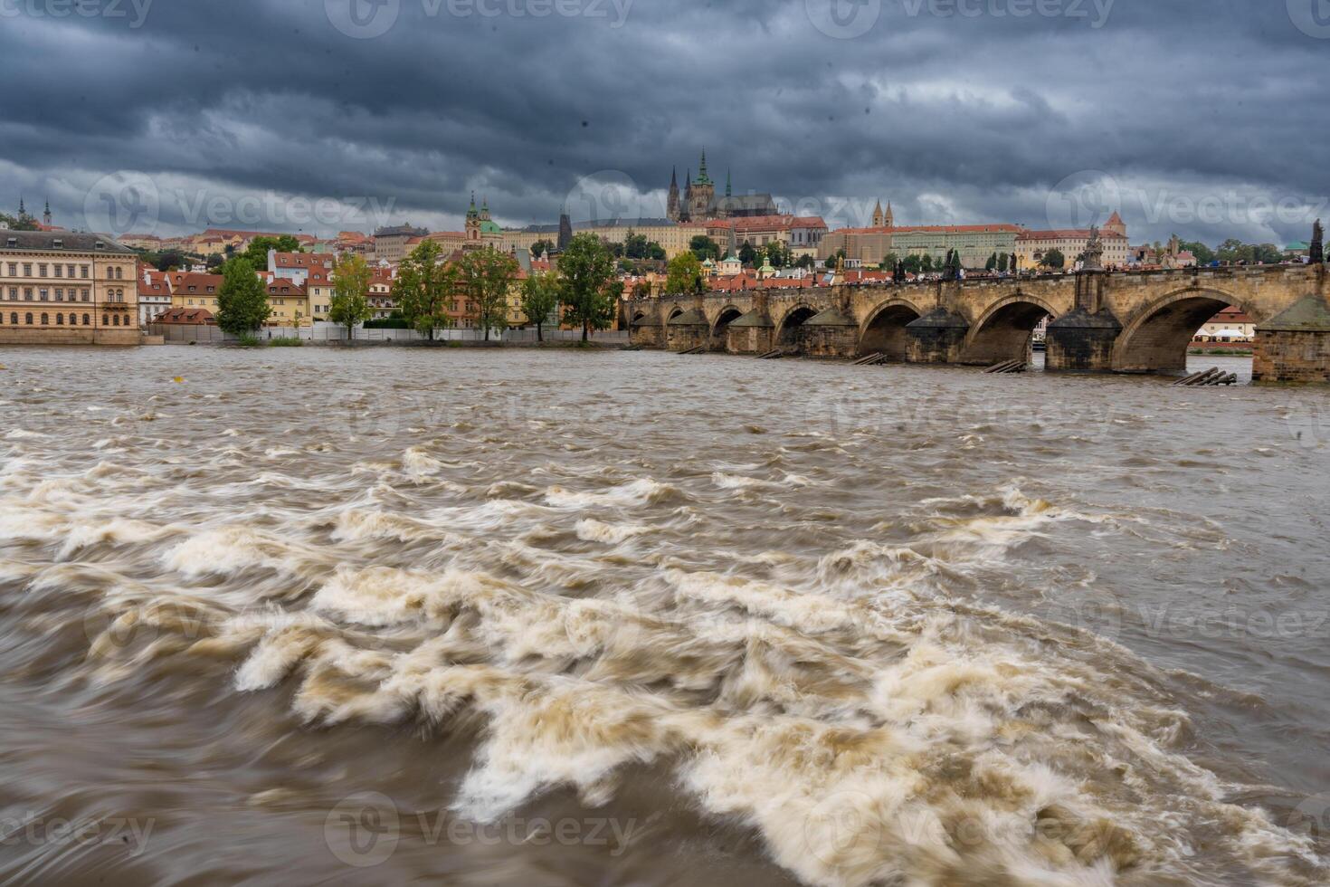 Flood in Prague. View of Prague Castle across the flooding river Vltava, Prague. High quality photo