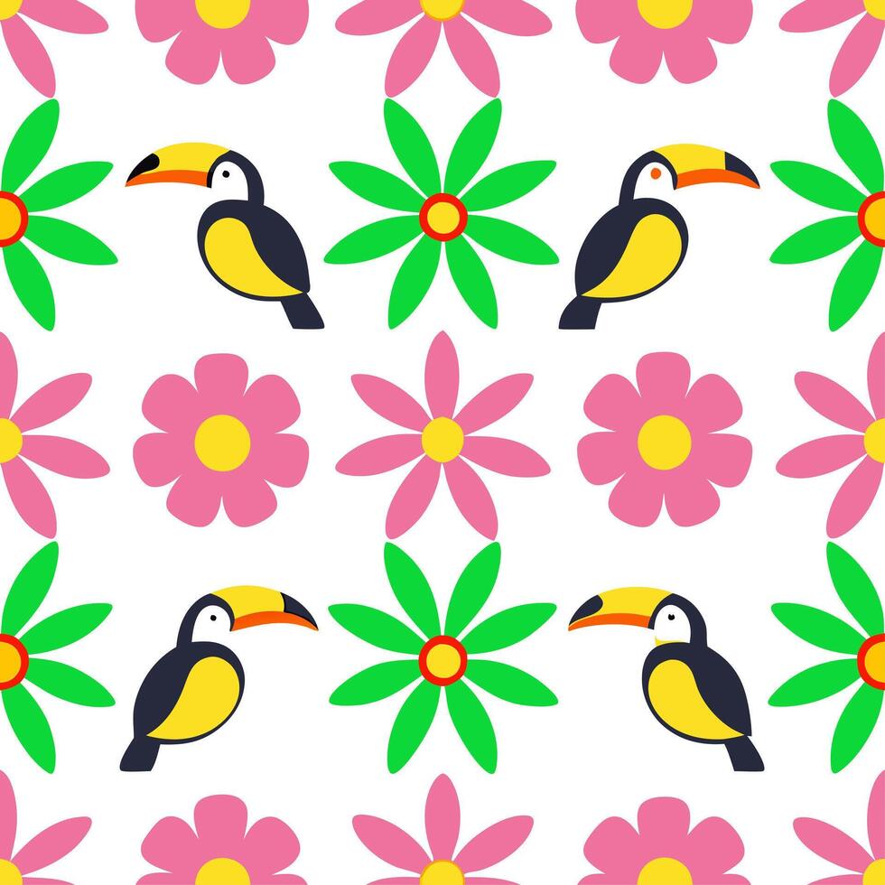 Vibrant summer seamless tile pattern with tropical birds and exotic flowers for lush garden spaces vector