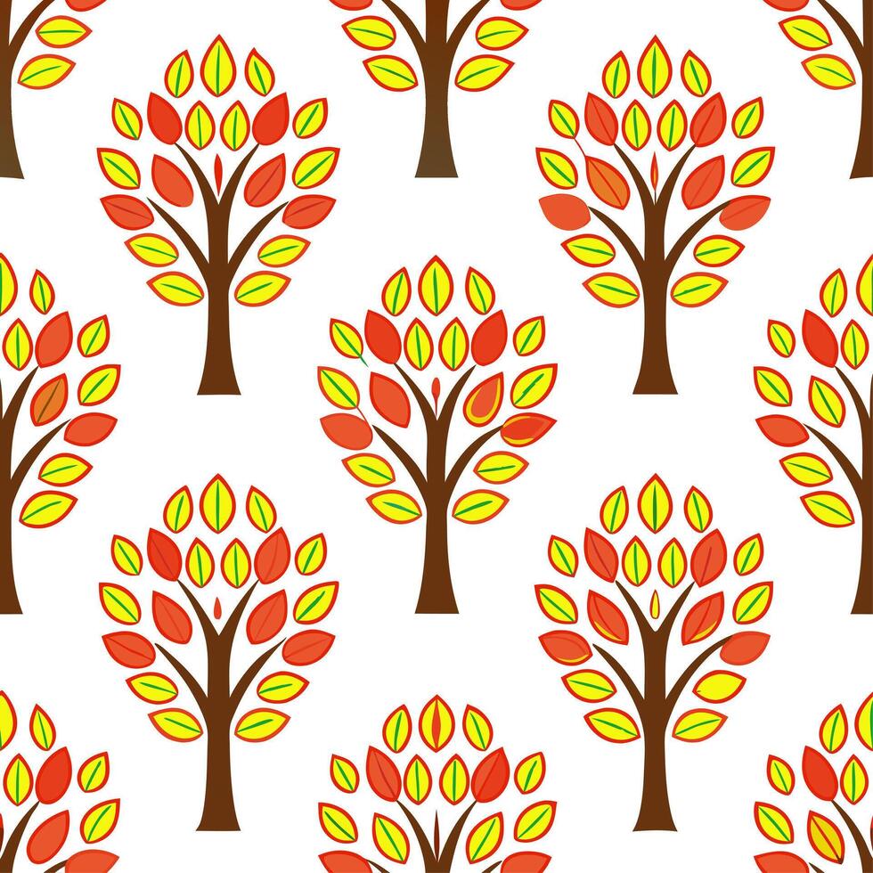Vibrant autumn trees seamless tile pattern with colorful leaves and acorns for lively fall spaces vector