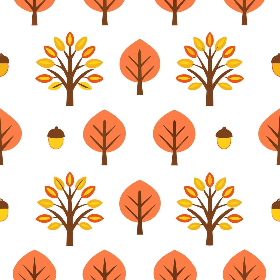 Vibrant autumn trees seamless tile pattern with colorful leaves and acorns for lively fall spaces Set 2 vector