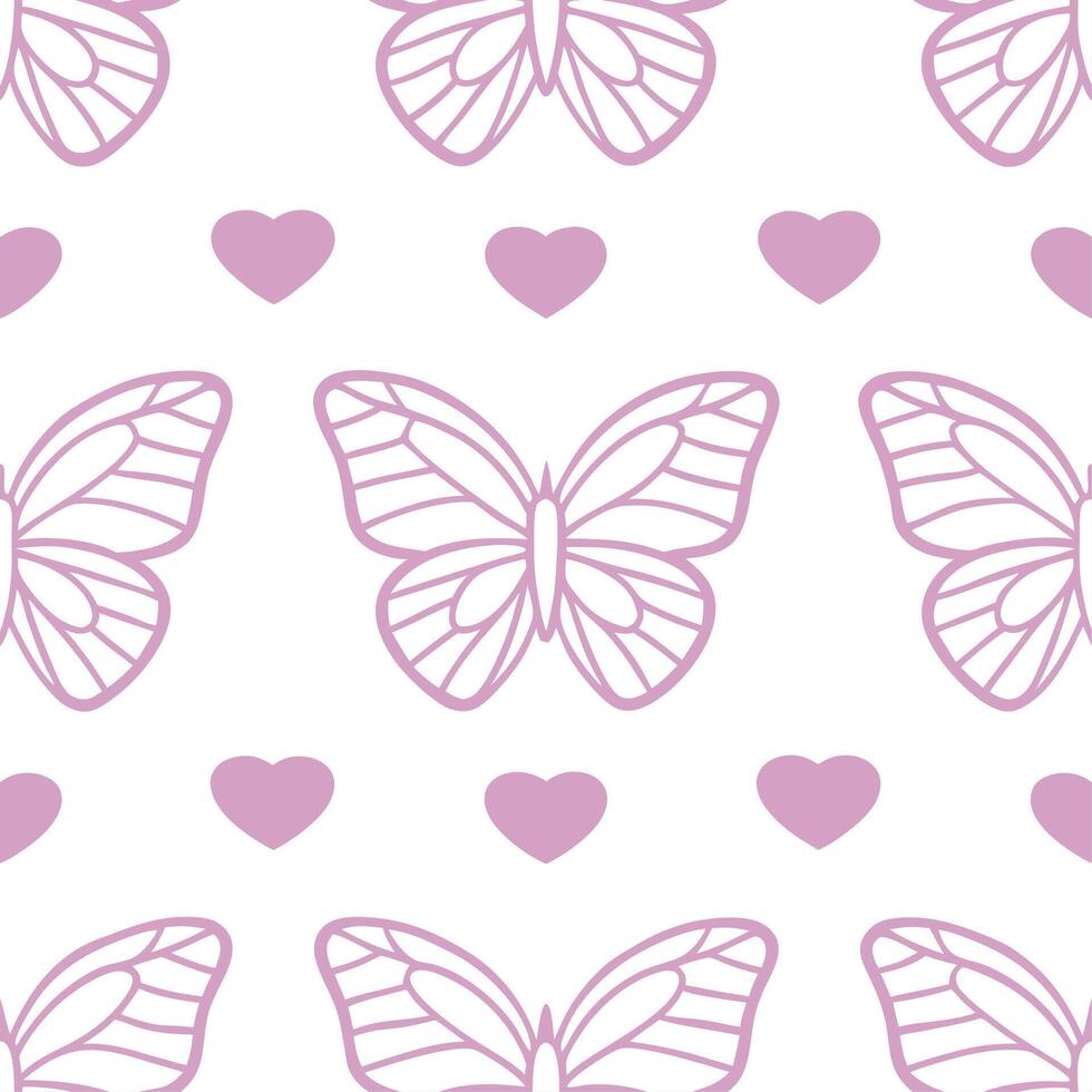 Valentine hearts and butterflies seamless tile pattern with delicate wings and romantic colors for charming decor vector