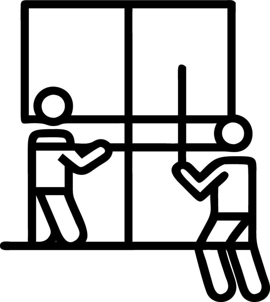 Two construction workers on bright yellow lift cleaning glass windows of tall building against blue sky symbolizing construction and progress Set 7 vector