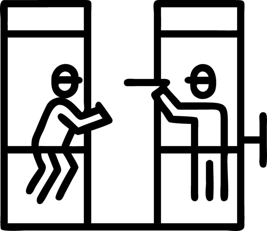 Two construction workers on bright yellow lift cleaning glass windows of tall building against blue sky symbolizing construction and progress vector