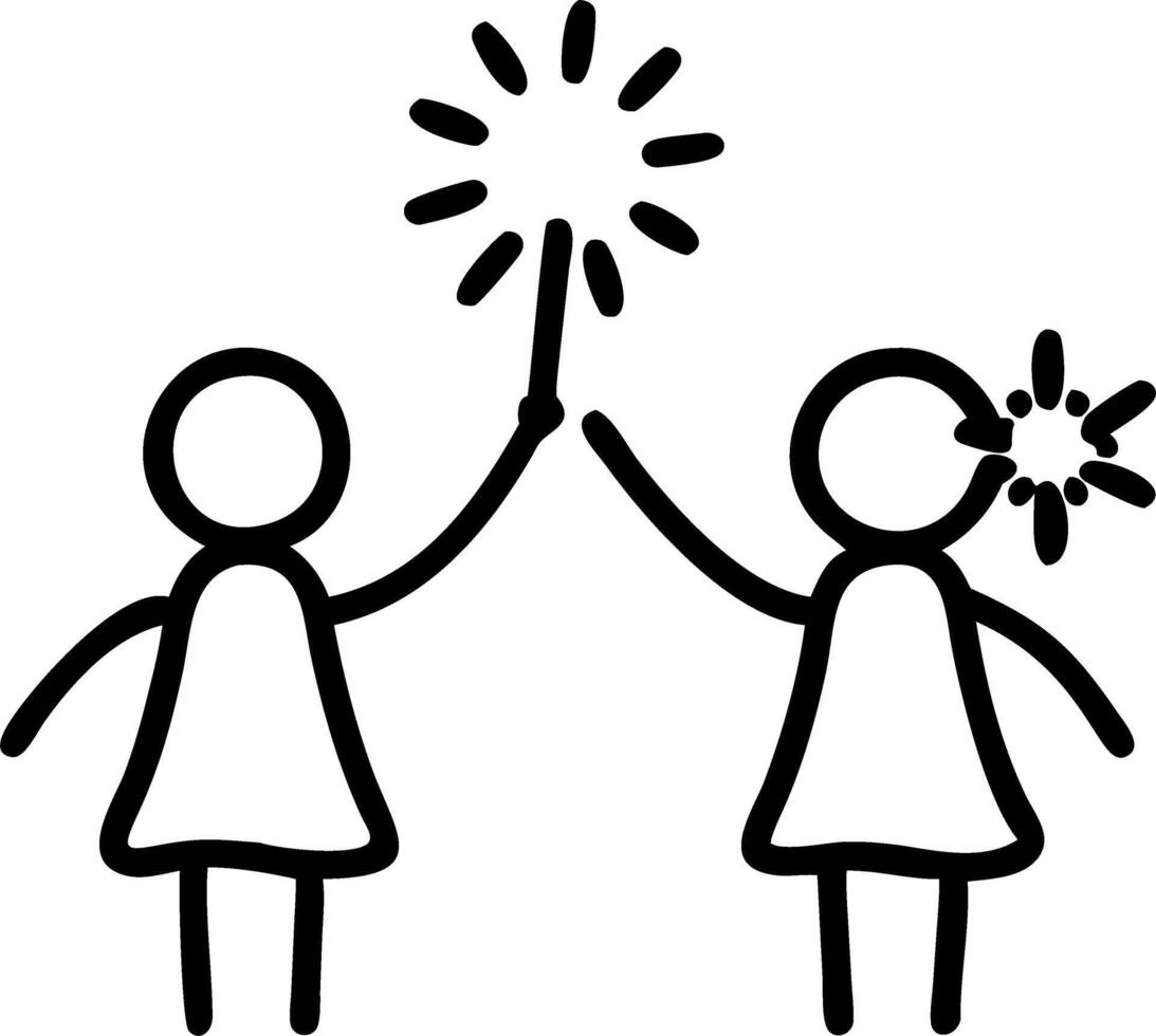 Two children holding sparklers at sunset creating beautiful silhouettes against colorful sky Set 3 vector