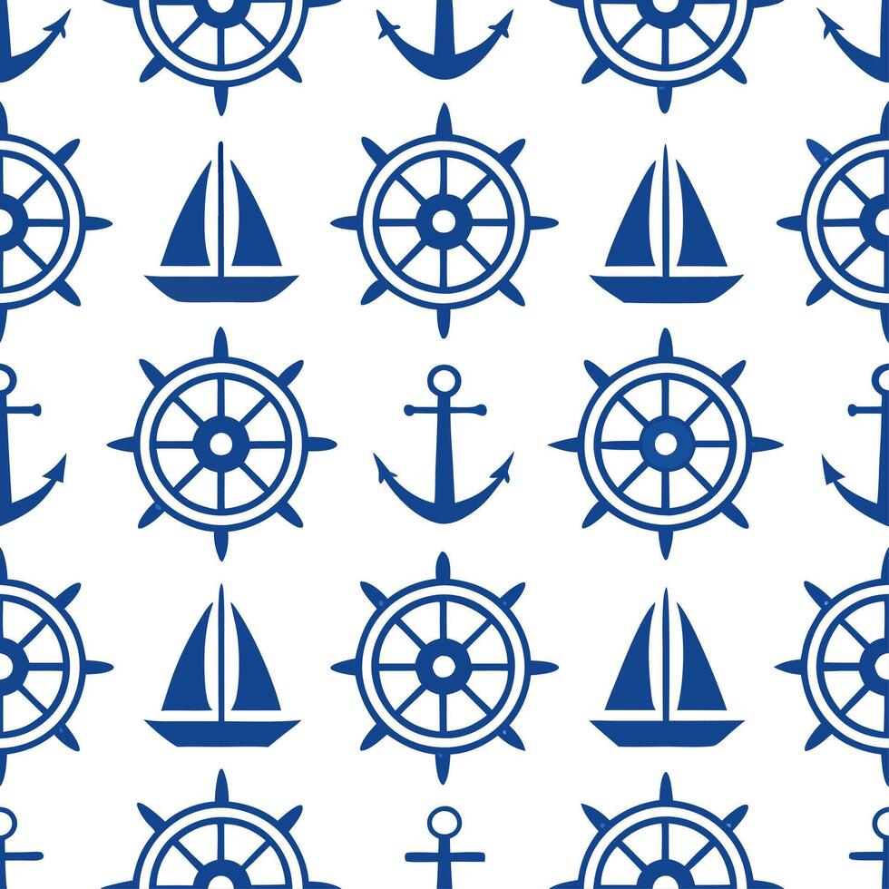 Traditional boats and maritime symbols seamless tile pattern with blue and white hues vector