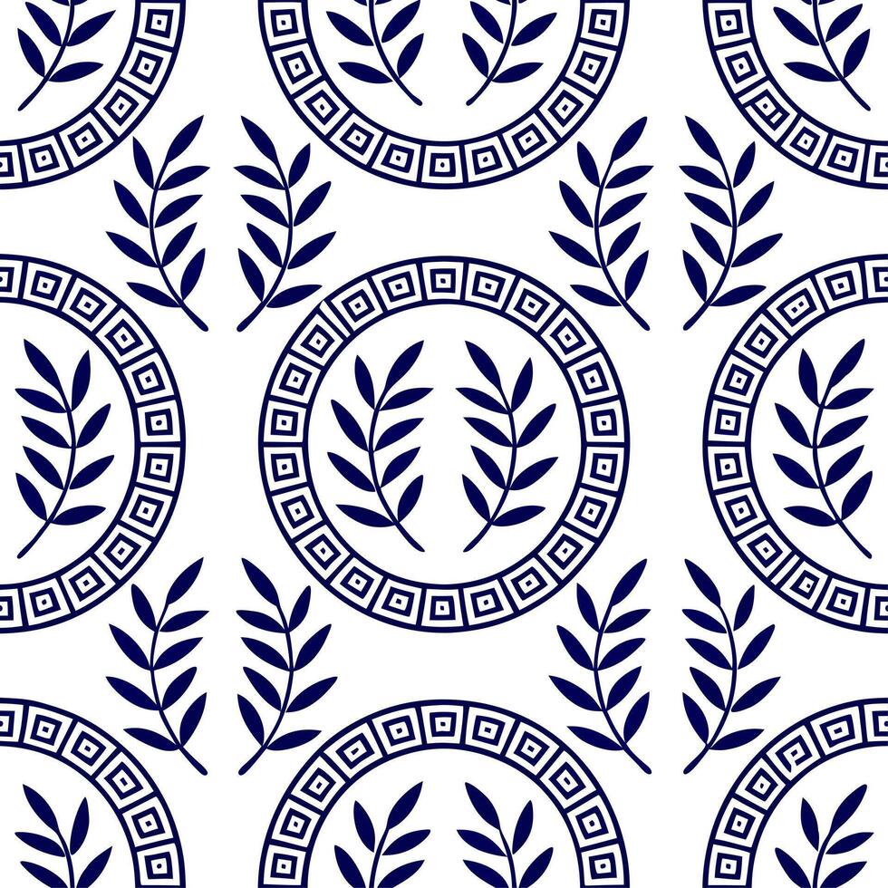 Traditional Greek key patterns and olive branches seamless tile pattern with classic blue and white tones vector
