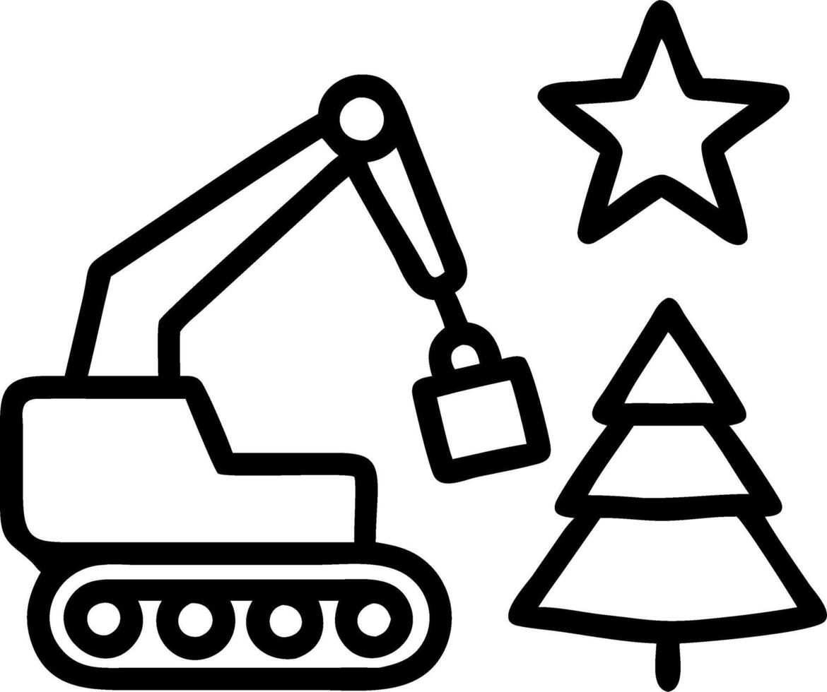 Toy excavator placing gold star atop snowy Christmas tree surrounded by wrapped gifts and pine cones against warm yellow background Set 2 vector