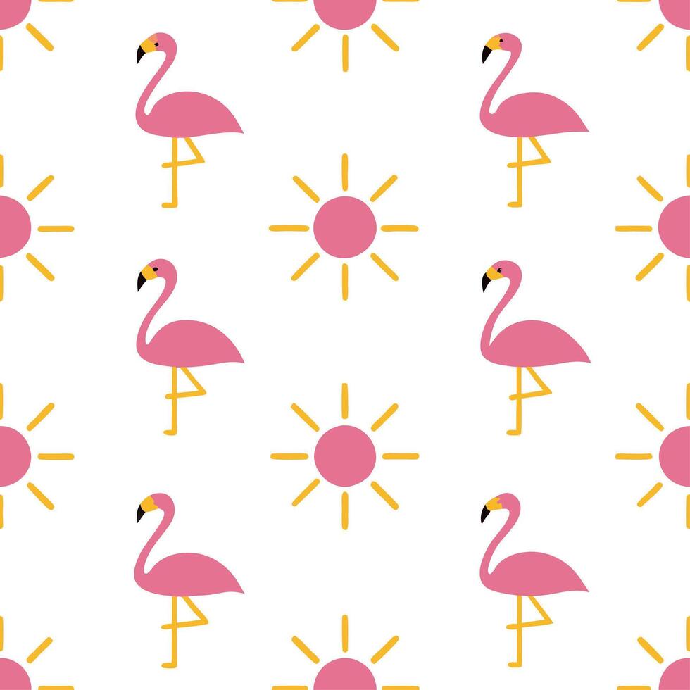 Summer sun seamless tile pattern with flamingos and sun rays for to fun and playful summer vibe vector