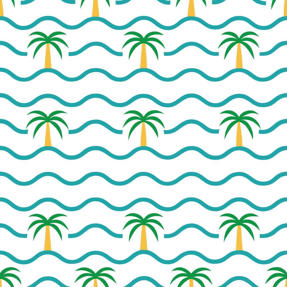 Summer beach seamless tile pattern with vibrant waves and palm trees for coastal home decor vector