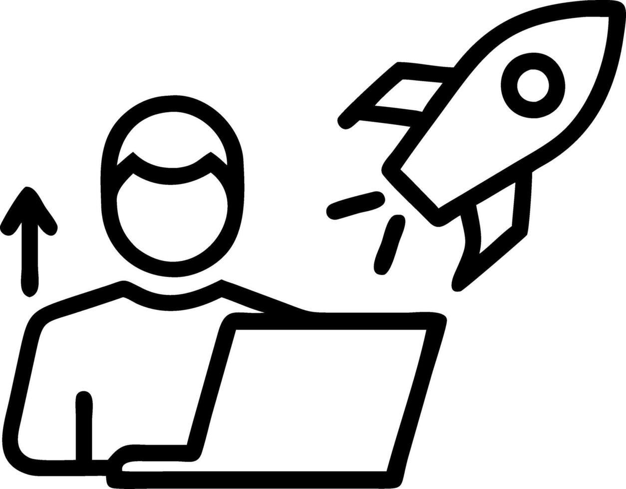 Startup business concept businessman laptop virtual screen rocket icon up arrow fast start up business strategic planning business success vector