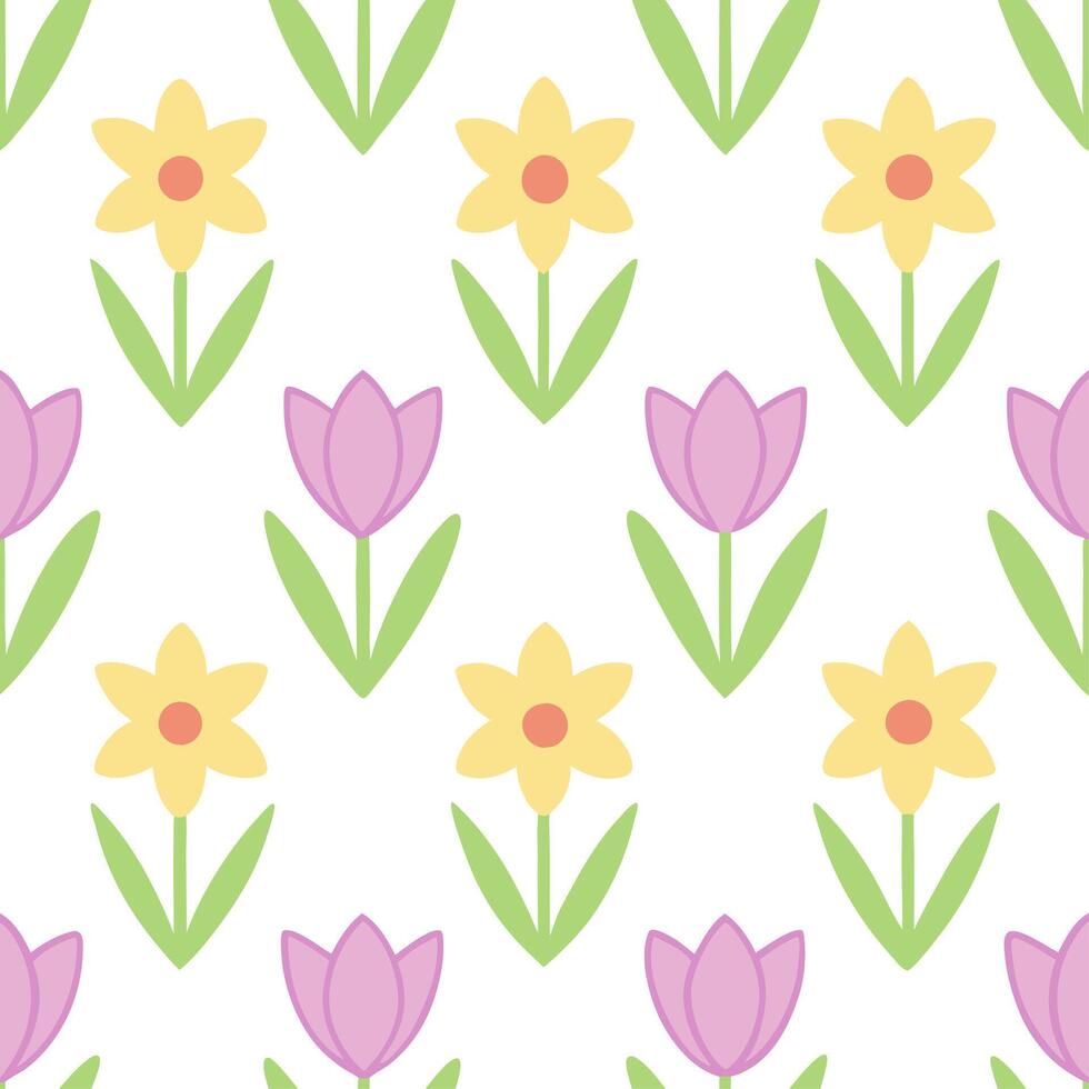 Spring pastel seamless pattern with tulips and daffodils for fresh lively spring spaces vector