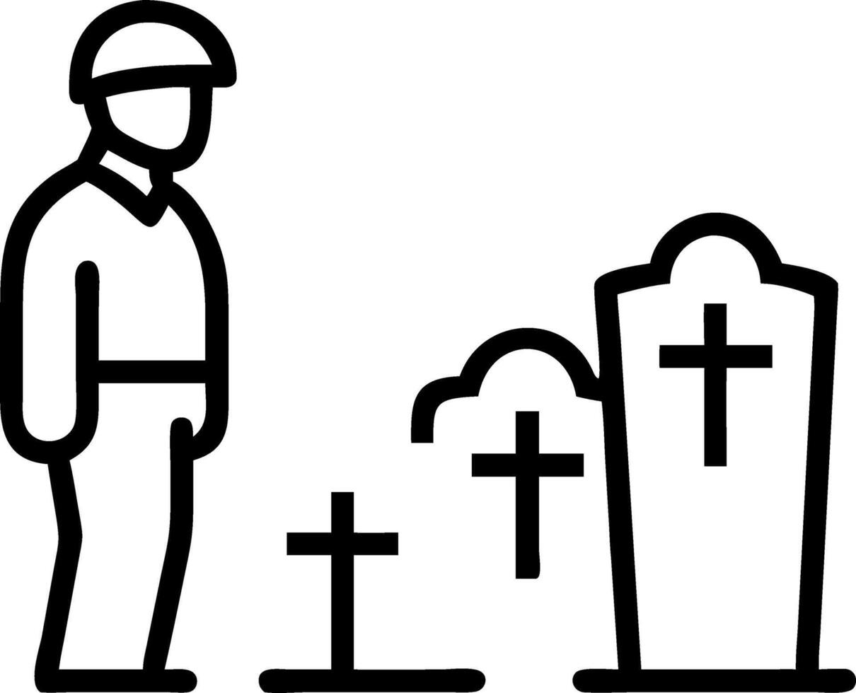 Solemn soldier in uniform stands facing white tombstones reflecting on sacrifice and remembrance in peaceful cemetery vector