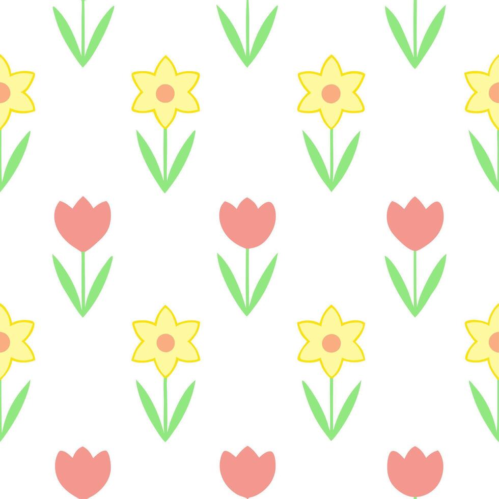 Soft pastel spring seamless tile pattern with small daffodils and tulips for cheerful decor vector