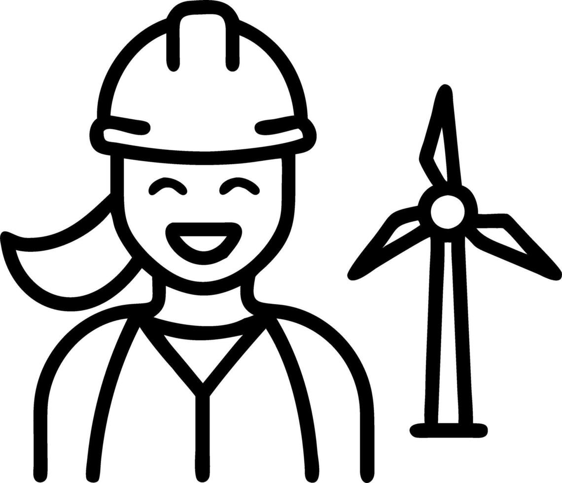 Smiling female engineer in safety gear standing on wind farm representing renewable energy professional positive outlook vector