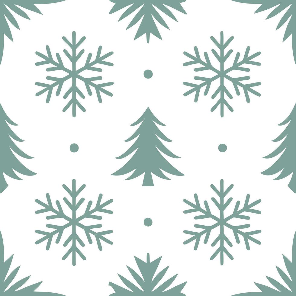 Scandinavian snowflakes and pine trees seamless tile pattern with cool tones and minimalist designs for modern decor vector