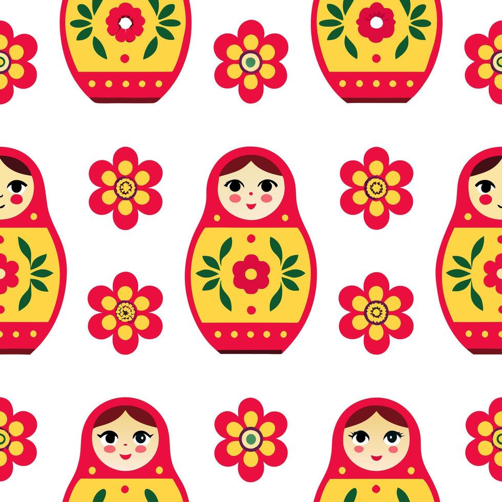 Russian Floral Matryoshka seamless tile pattern with vibrant colors and traditional designs for cultural decor vector
